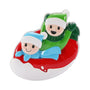 Family of 2 ornament with two smiling figures in winter hats on a red and white snow tube