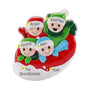 Personalized family of 4 ornament with four figures on a red and white snow tube with example names, family name, and year