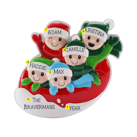 Personalized family of 5 ornament with five figures on a red and white snow tube with example names, family name, and year
