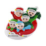 Personalized family of 5 ornament with five figures on a red and white snow tube with example names, family name, and year