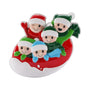 Family of 5 ornament with five smiling figures in winter hats on a red and white snow tube