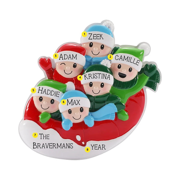 Personalized family of 6 ornament with six figures on a red and white snow tube with example names, family name, and year
