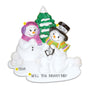 Personalized Mockup:
Personalized snowman couple proposal ornament with two smiling snowmen, a snow-covered tree, names, a proposal message, and year.