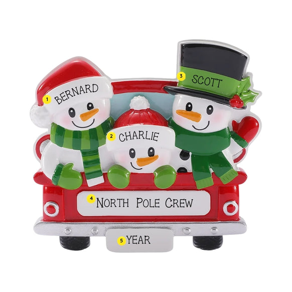 Personalized snowman family of three ornament with names, phrase, and year placement shown.