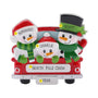 Personalized snowman family of three ornament with names, phrase, and year placement shown.