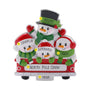 Personalized snowman family of four ornament with names, phrase, and year placement shown.