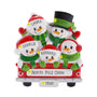 Personalized snowman family of five ornament with names, phrase, and year placement shown.