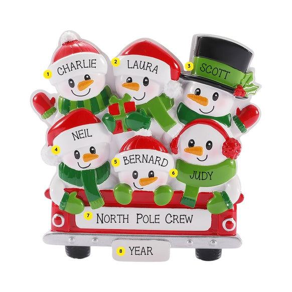 Personalized snowman family of six ornament with names, phrase, and year placement shown.