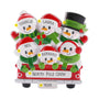Personalized snowman family of six ornament with names, phrase, and year placement shown.