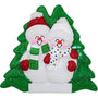 Two snowmen with a green tree-shaped background ornament