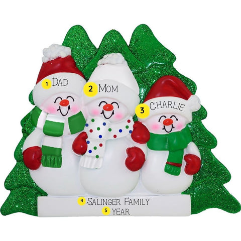 Personalized Christmas ornament with three snowman family members in front of a green tree.