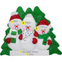 Personalized Christmas ornament with three snowman family members in front of a green tree.