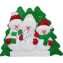 Three snowman family ornament with green trees on a white background