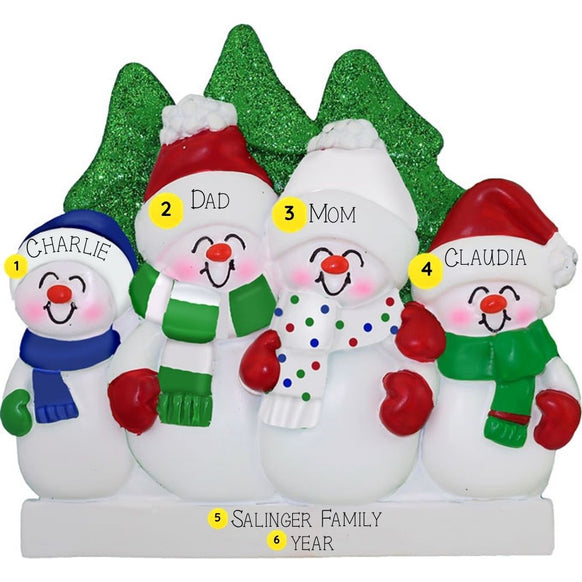 Personalized snowman family ornament with names and year on a white background