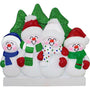 Family of 4 snowmen ornament with colorful hats and scarves against a green glittery tree background.