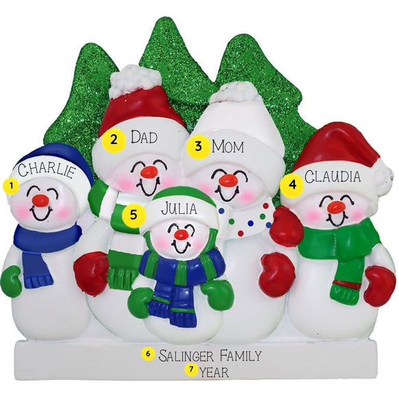 Personalized snowman family ornament with names and year on a white background