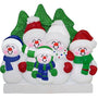 Snowman family of 5 with colorful hats and scarves on a white background