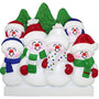 Ornament of a snowman family with colorful hats and scarves against a white background