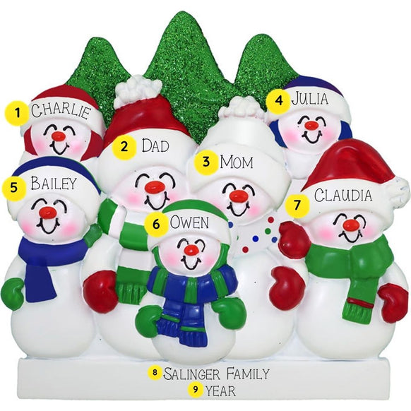 Personalized snowman family ornament with names against a white background
