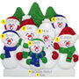 Personalized snowman family ornament with names against a white background