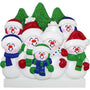 Decorative snowman family ornament with colorful hats and scarves against a white background
