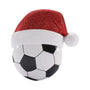Soccer ball ornament wearing a red glitter Santa hat.