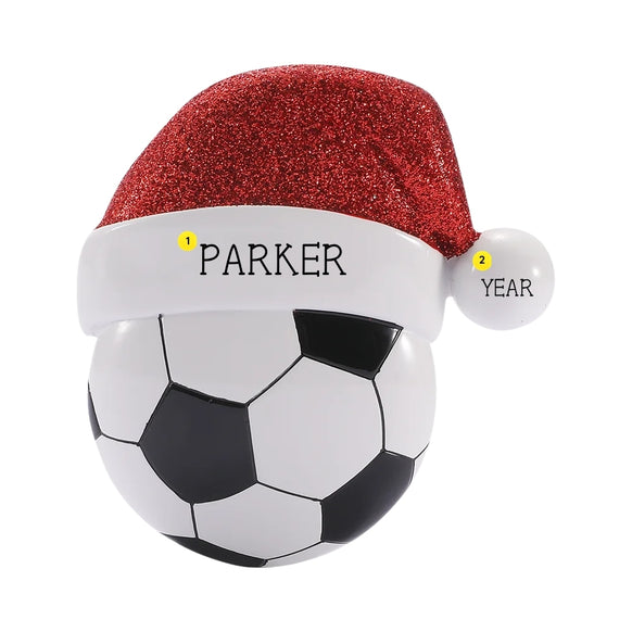 Personalized soccer ball ornament with a name on the Santa hat and year on the hat pom-pom.