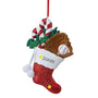 Personalized baseball stocking ornament showing name placement on the white cuff and year placement on the red toe.