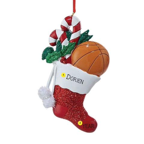 Personalized basketball stocking ornament showing name placement on the white cuff and year placement on the red toe.