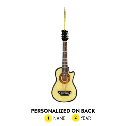 Personalized acoustic guitar ornament shown with name and year on back option graphic