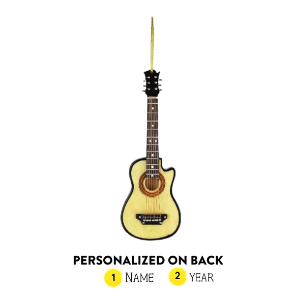 Personalized acoustic guitar ornament shown with name and year on back option graphic