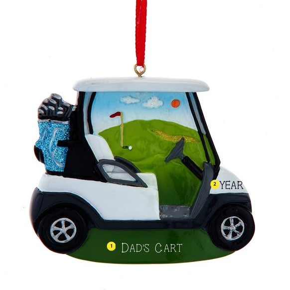 Personalized Tee Time Golf Cart Ornament showing Dad’s Cart on the green base and year placement near the front of the cart.