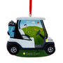 Personalized Tee Time Golf Cart Ornament showing Dad’s Cart on the green base and year placement near the front of the cart.