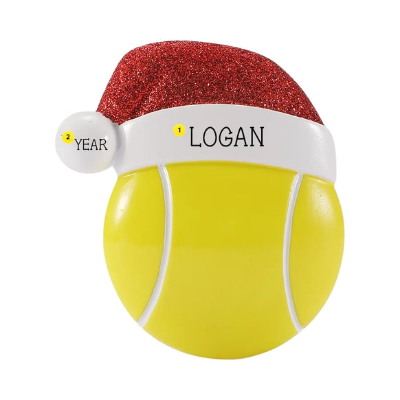 Personalized tennis ball ornament with a name on the Santa hat and year on the hat pom-pom.