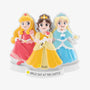 Three princess friends ornament personalized with an example of “Girls’ Day at the Castle” on the white base and a year on the center dress.