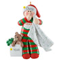 A boy with blanket and teddy bear with his thumb in his mouth on whittle background