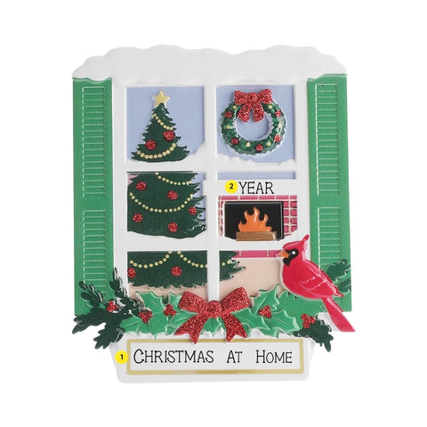 Personalized traditional Christmas window ornament with a holiday phrase on the bottom plaque and year above the fireplace mantel.