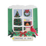 Personalized traditional Christmas window ornament with a holiday phrase on the bottom plaque and year above the fireplace mantel.