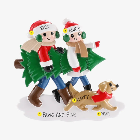 Personalized tree farm couple ornament with names on the hats, a dog’s name, a phrase on the snow, and the year.