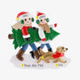 Personalized tree farm couple ornament with names on the hats, a dog’s name, a phrase on the snow, and the year.