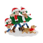 Personalized tree farm family of three ornament with a child, two adults, a Christmas tree, and a dog in the snow.