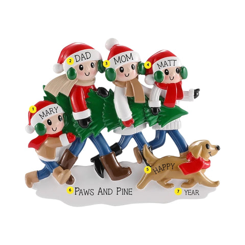 Personalized tree farm family of four ornament with names on the hats, a dog’s name, a phrase on the snow, and the year.