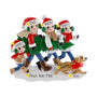Personalized tree farm family of four ornament with names on the hats, a dog’s name, a phrase on the snow, and the year.