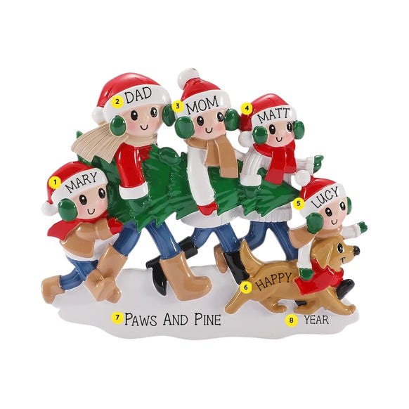 Personalized tree farm family of five ornament with names on the hats, a dog’s name, a phrase on the snow, and the year.
