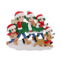Personalized tree farm family of five ornament with a Christmas tree, winter outfits, and a dog walking in front.