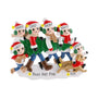 Personalized tree farm family of six ornament with names on the hats, a dog’s name, a phrase on the snow, and the year.