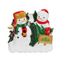 Tree farm snowman couple ornament with two snowmen, evergreen trees, an axe, and a “Farm Fresh Christmas Trees” sign.