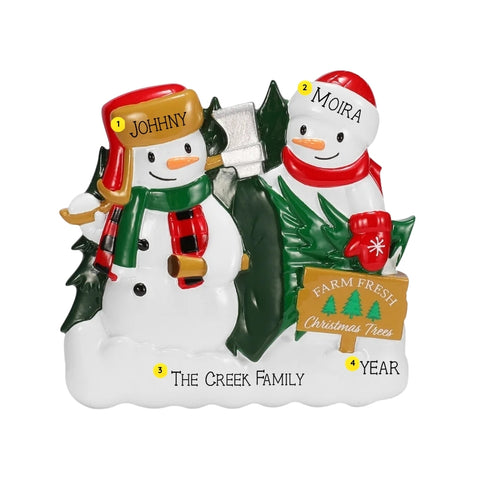 Personalized tree farm snowman couple ornament with names on the hats, a family name on the snow, and space for a year.
