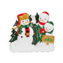 Tree farm snowman family of 3 ornament with two larger snowmen, one child snowman, evergreen trees, and a Christmas tree sign.