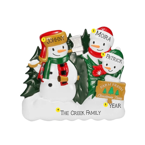 Personalized tree farm snowman family of 3 ornament with names on the hats, a family name on the snow, and space for a year.